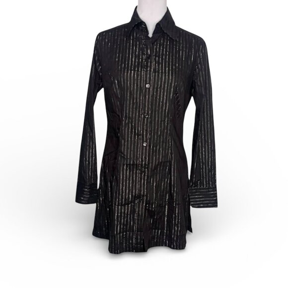 New York & Company Dresses & Skirts - New York & Company Black Metallic Pinstripe Button Front Shirt Dress Size M